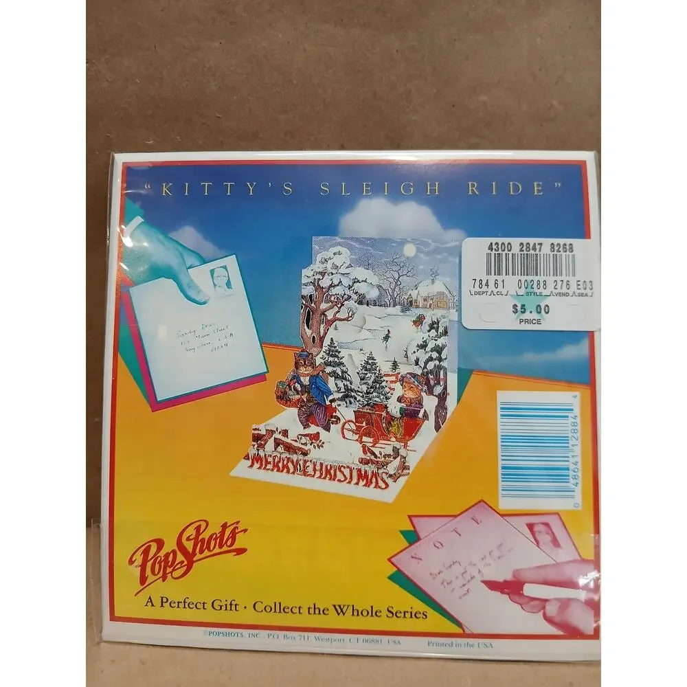 Vintage PopShots Kitty's Sleigh Ride Pop Up Christmas Card USA Collectible Rare
